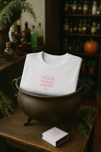 T-Shirt Mockup in Pot Indoors with Decor for Halloween Setup