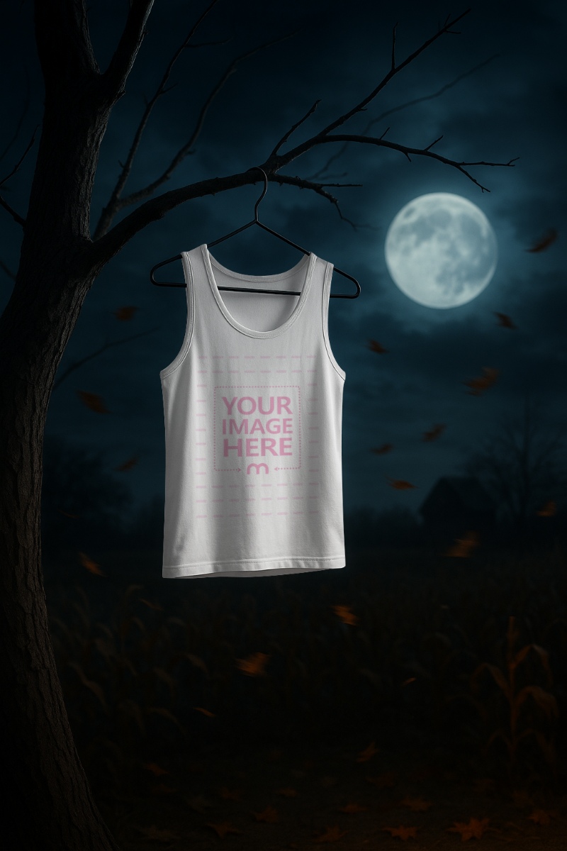 T-Shirt Mockup Hanging on Tree under Moonlight for Halloween Night T-Shirt Mockup Hanging on Tree under Moonlight for Halloween Night preview image
