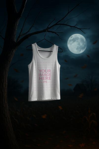T-Shirt Mockup Hanging on Tree under Moonlight for Halloween Night