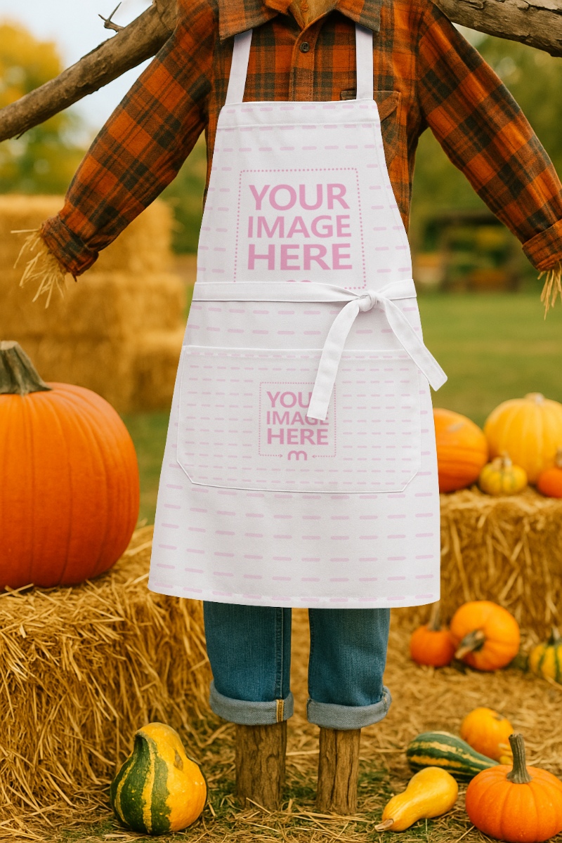 Apron Mockup on Straw Doll with Pumpkins for Halloween Day Scene preview image