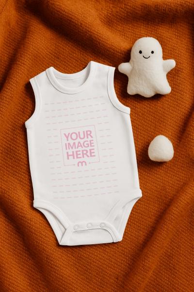 Baby Bodysuit Mockup on Orange Knit with Ghost for Halloween Theme
