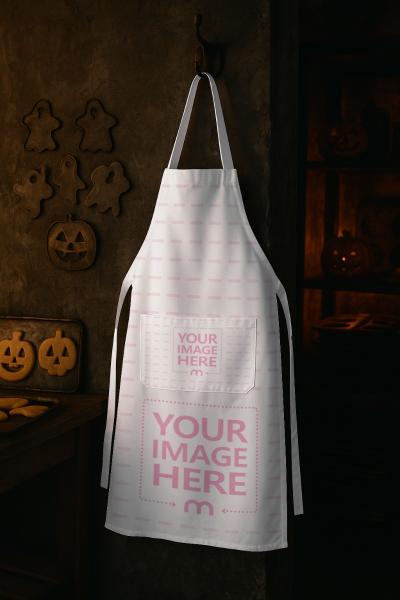 Apron Mockup Hanging on Wall with Decor for Halloween Indoor Scene