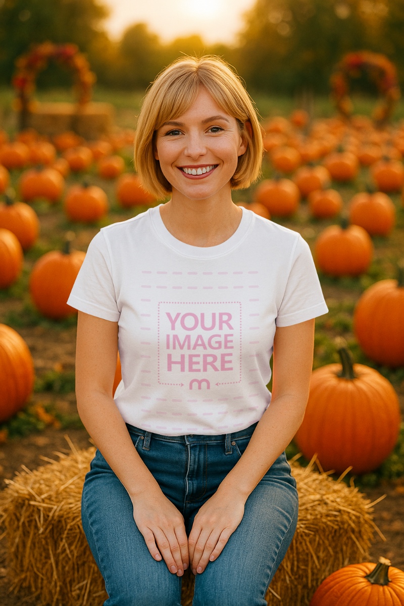 T-Shirt Mockup with Woman Sitting in Pumpkin Field for Halloween Vibe T-Shirt Mockup with Woman Sitting in Pumpkin Field for Halloween Vibe preview image