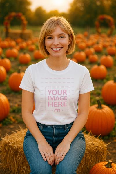 T-Shirt Mockup with Woman Sitting in Pumpkin Field for Halloween Vibe