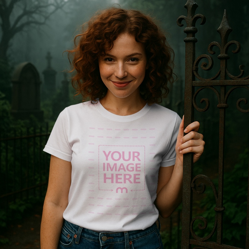 T-Shirt Mockup with Woman in Cemetery for Halloween Outdoor Display T-Shirt Mockup with Woman in Cemetery for Halloween Outdoor Display preview image