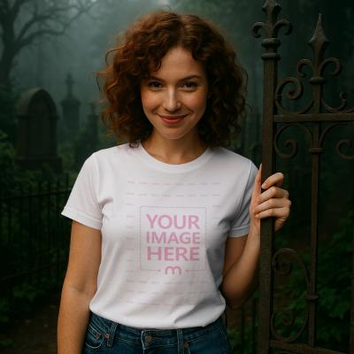 T-Shirt Mockup with Woman in Cemetery for Halloween Outdoor Display