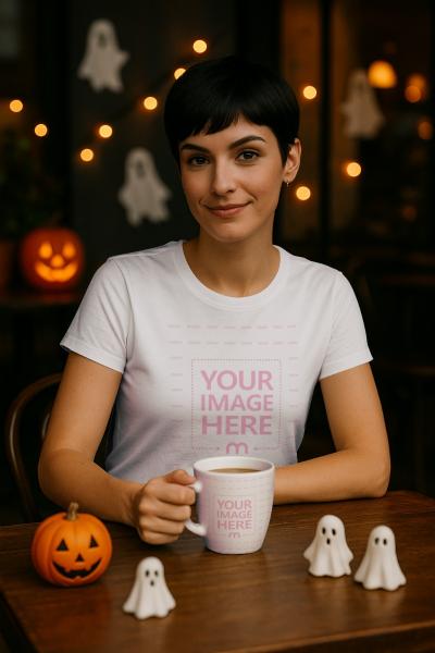 T-Shirt Mockup with Woman at Café with Mug for Halloween Presentation