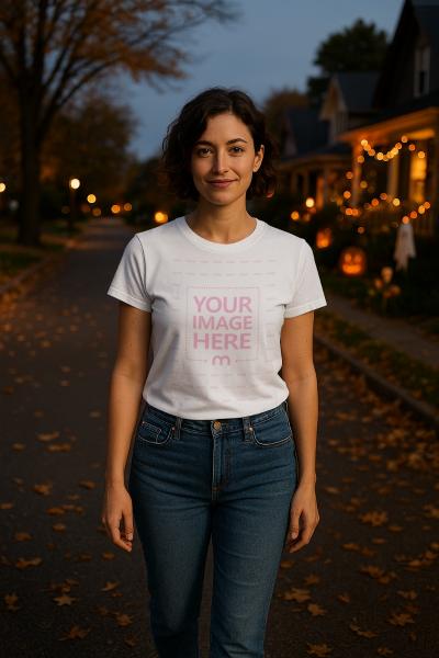 T-Shirt Mockup with Woman in Bright Street for Halloween Night Scene