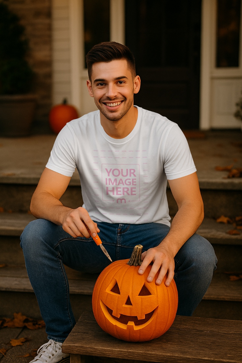 T-Shirt Mockup with Man Carving Pumpkin for Halloween House Scene T-Shirt Mockup with Man Carving Pumpkin for Halloween House Scene preview image