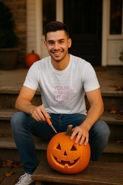T-Shirt Mockup with Man Carving Pumpkin for Halloween House Scene