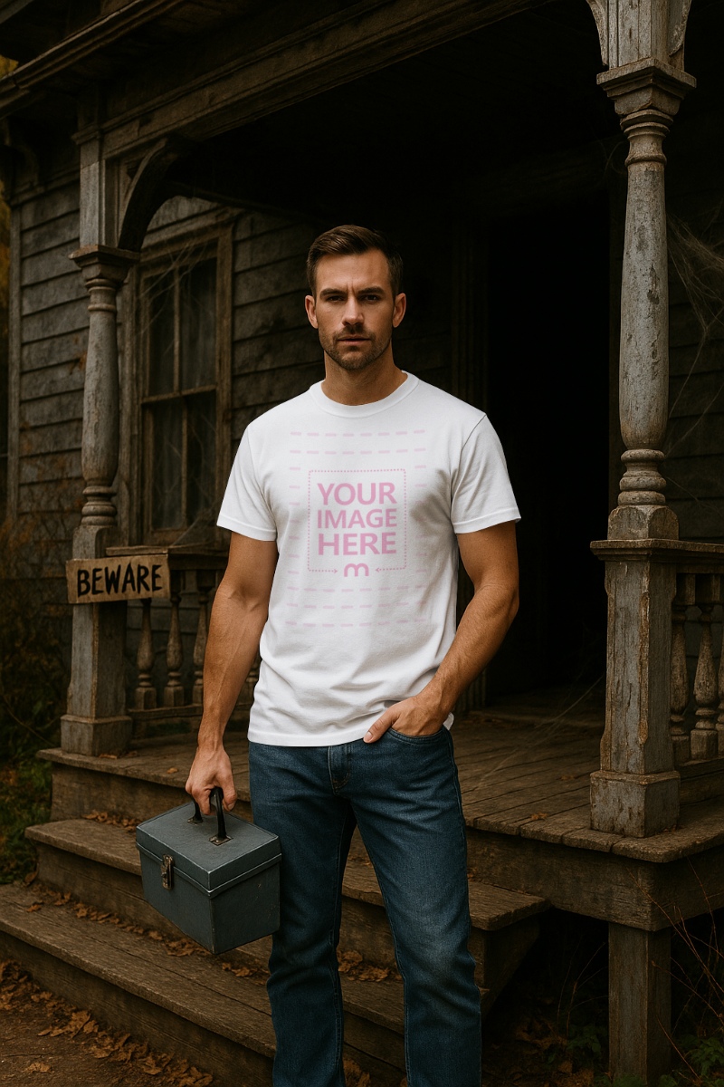 T-Shirt Mockup with Man Holding Box in Front of Halloween House T-Shirt Mockup with Man Holding Box in Front of Halloween House preview image