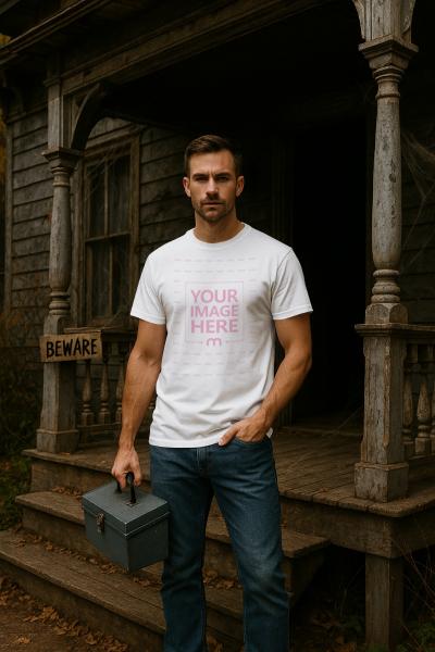 T-Shirt Mockup with Man Holding Box in Front of Halloween House
