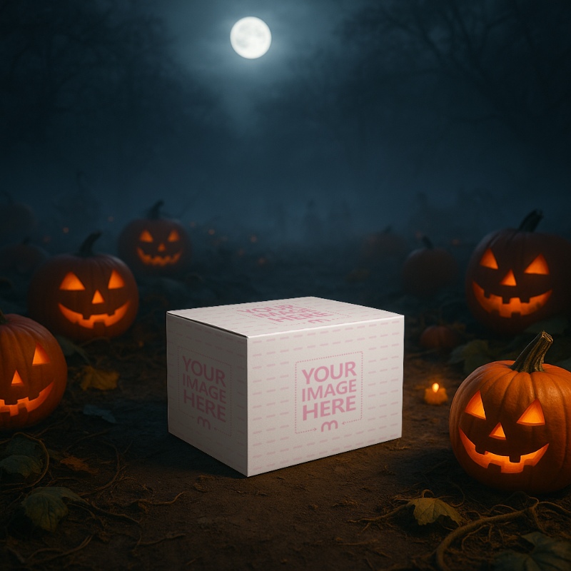Box Mockup Surrounded by Lit Jack-o'-Lanterns for Halloween Festive Look preview image