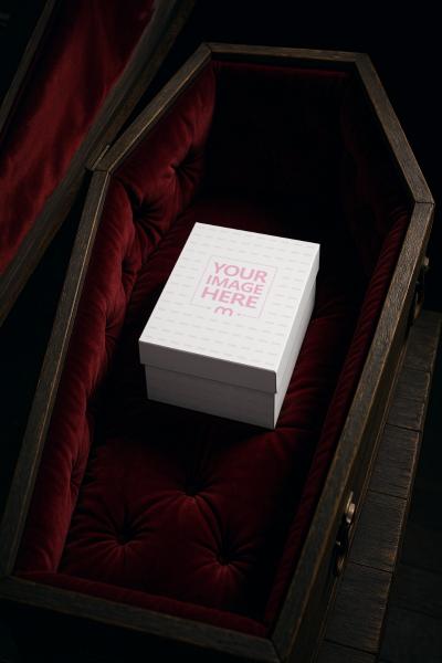 Box Mockup Inside Coffin with Pillow for Halloween Themed Display