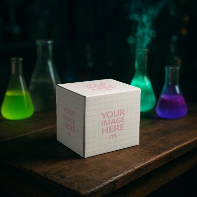 Square Box Mockup on Table with Tubes for Halloween Lab Scene