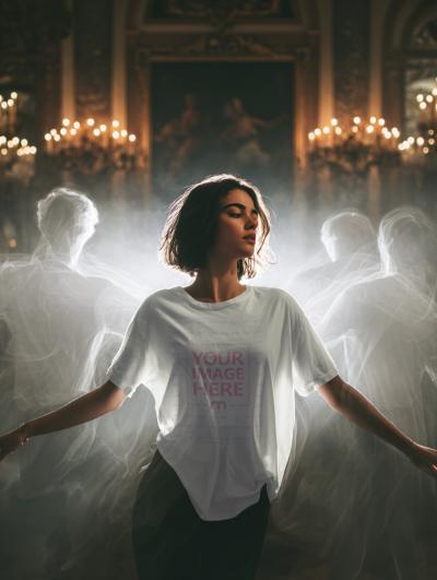 T-Shirt Mockup with Dancing Woman with Ghosts for Halloween Scene