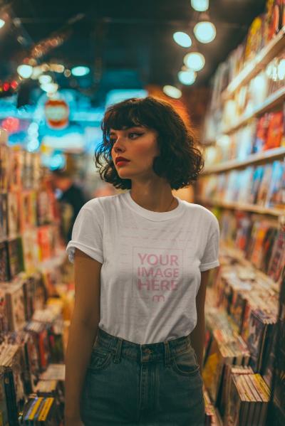 T-Shirt Mockup with Woman at Library for Halloween Themed Look