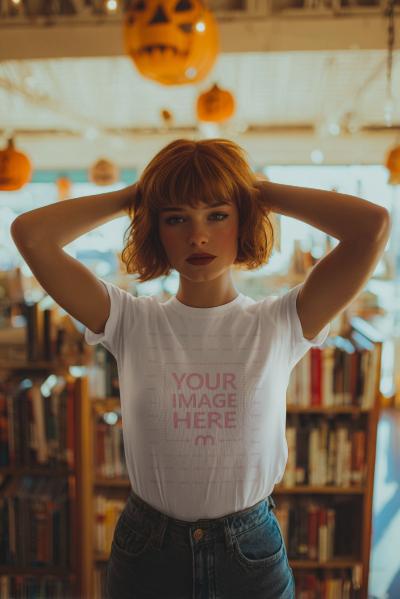 T-Shirt Mockup with Woman in Library Decorated for Halloween