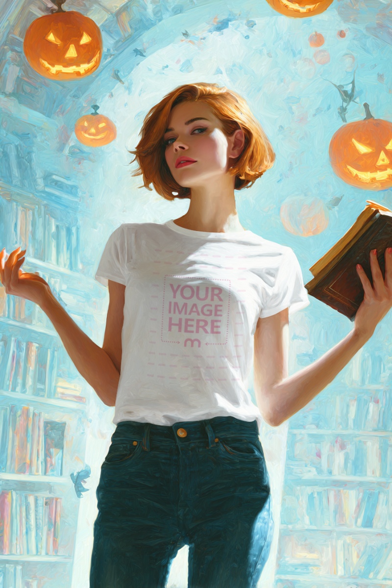 T-Shirt Mockup with Woman Holding Book in Library for Halloween Theme T-Shirt Mockup with Woman Holding Book in Library for Halloween Theme preview image