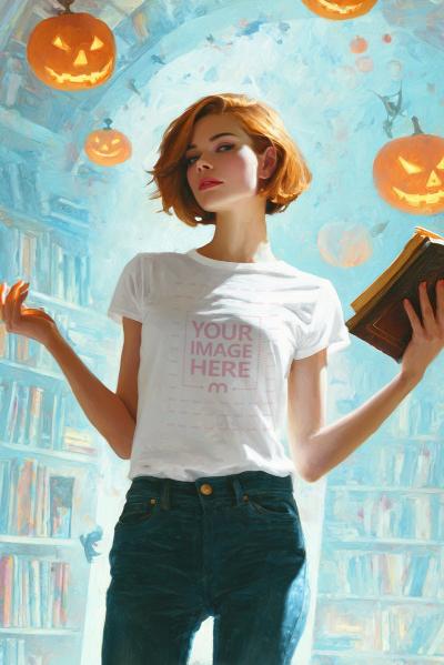 T-Shirt Mockup with Woman Holding Book in Library for Halloween Theme