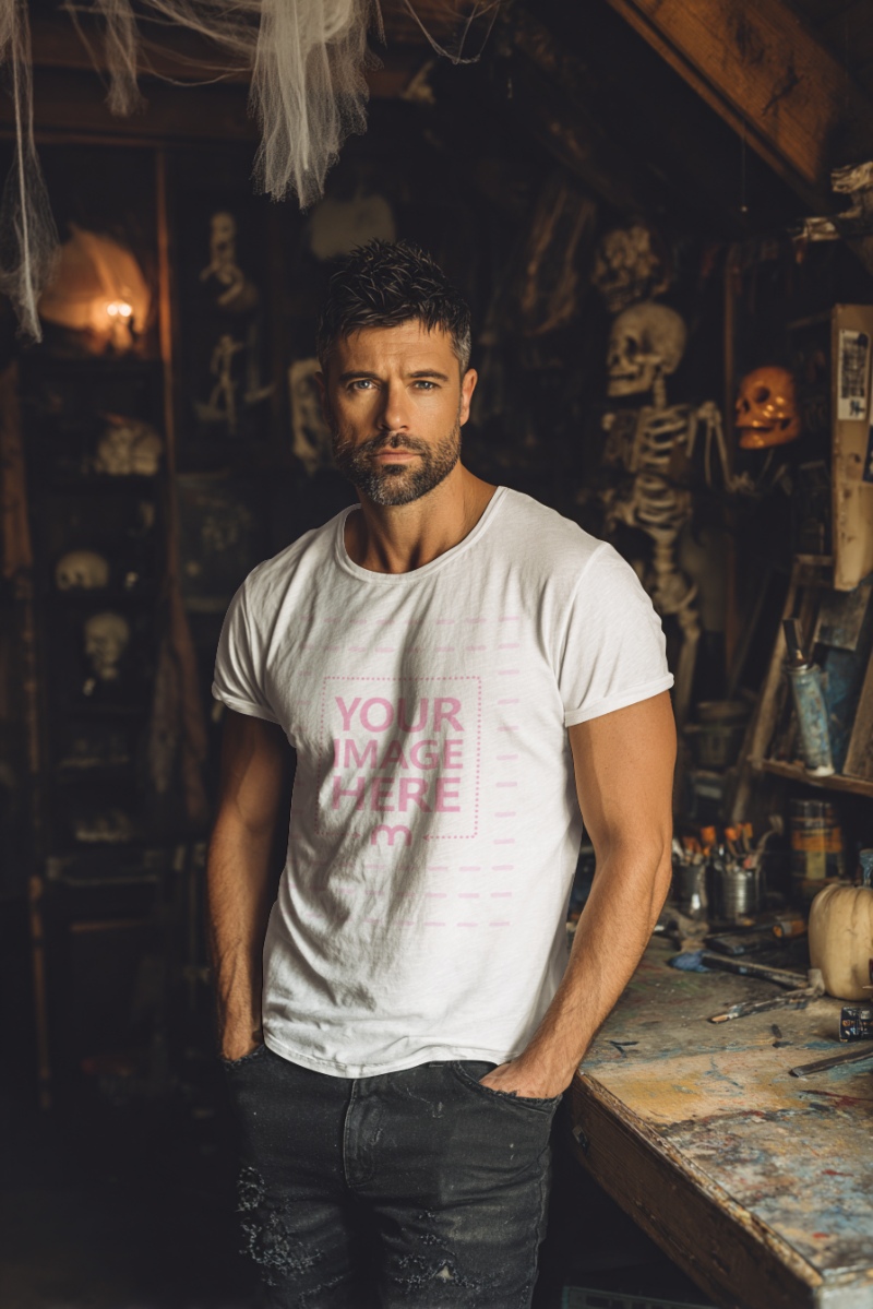 T-Shirt Mockup with Man in Artisan Room for Halloween Art Setup preview image