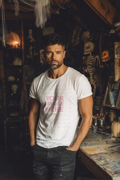 T-Shirt Mockup with Man in Artisan Room for Halloween Art Setup