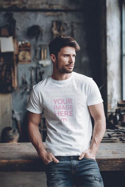 T-Shirt Mockup with Man in Workshop with Tools
