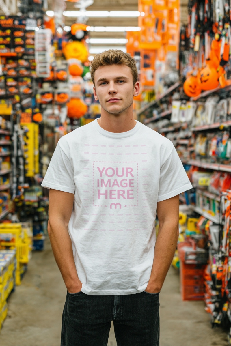 T-Shirt Mockup with Man in Market Filled with Halloween Decor T-Shirt Mockup with Man in Market Filled with Halloween Decor preview image