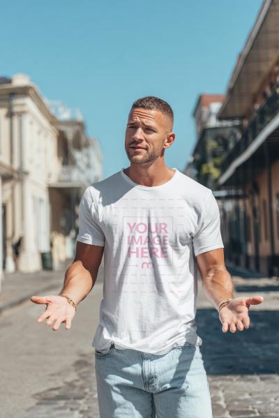 T-Shirt Mockup with Man Walking in Street