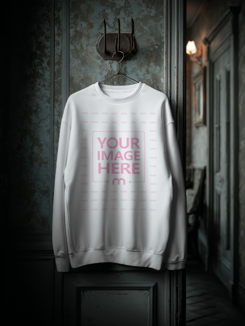 Sweatshirt Mockup on Wall with Lamp for Halloween Spooky Atmosphere Sweatshirt Mockup on Wall with Lamp for Halloween Spooky Atmosphere preview image