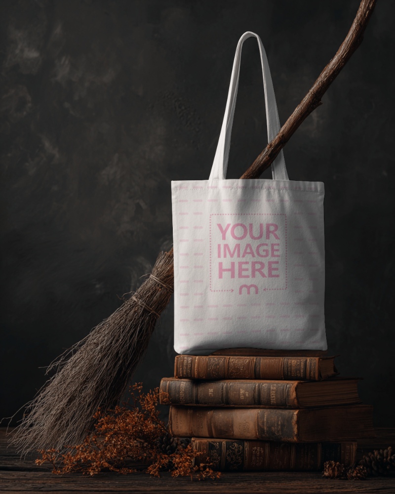 Tote Bag Mockup with Witch Broom for Halloween Themed Look Tote Bag Mockup with Witch Broom for Halloween Themed Look preview image