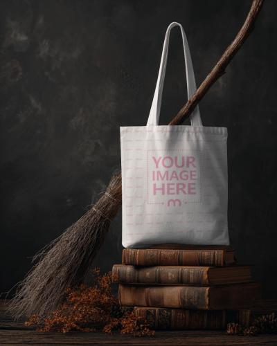 Tote Bag Mockup with Witch Broom for Halloween Themed Look