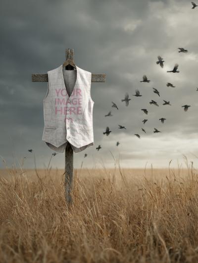 Vest Mockup on Wooden Pole in Meadow for Halloween Rural Look