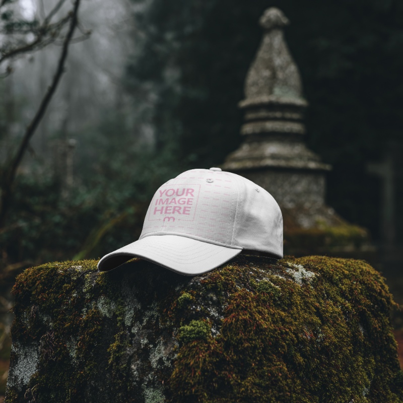 Baseball Hat Mockup on Mossy Rock in Forest for Halloween Scene preview image