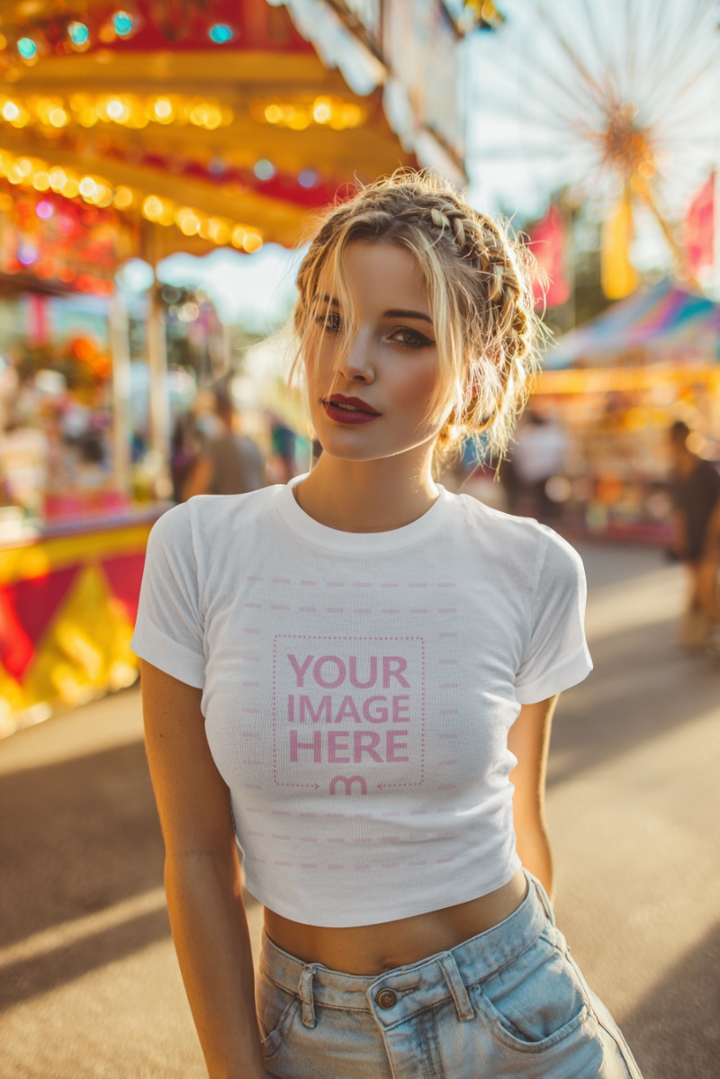 Crop Top T-Shirt Mockup with Woman in Theme Park for Halloween Cheer Crop Top T-Shirt Mockup with Woman in Theme Park for Halloween Cheer preview image