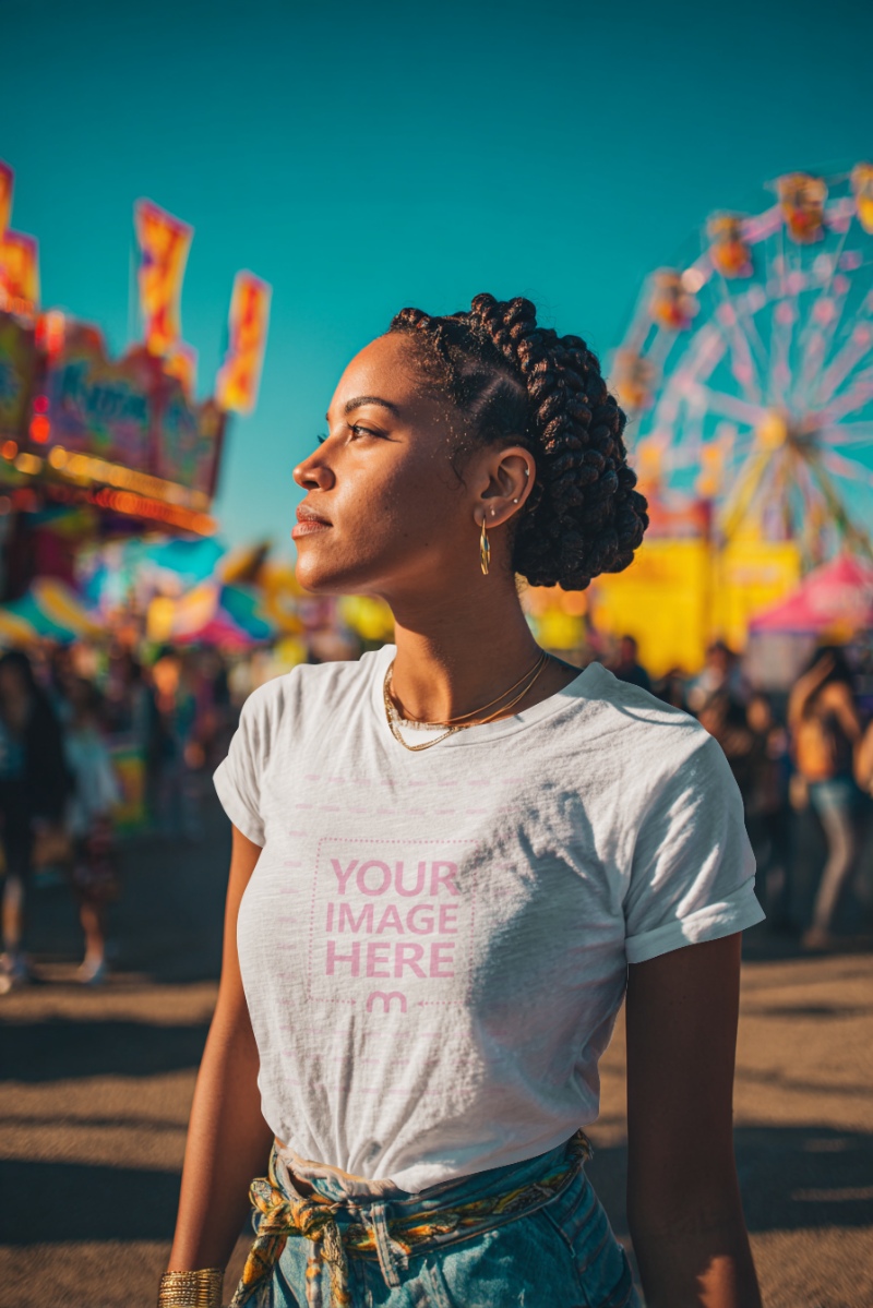 T-Shirt Mockup with Woman in Theme Park for Halloween Festive Vibe T-Shirt Mockup with Woman in Theme Park for Halloween Festive Vibe preview image