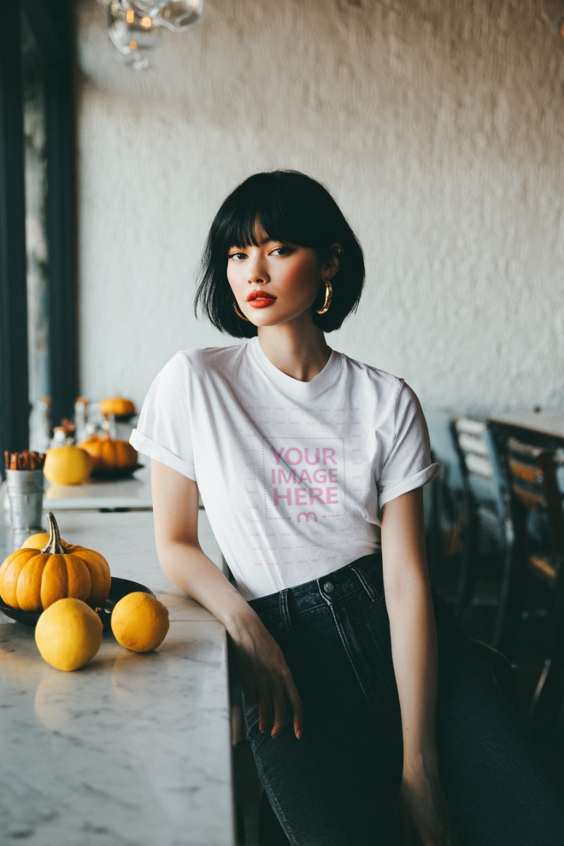 T-Shirt Mockup with Woman at Table with Pumpkins for Halloween Café Scene T-Shirt Mockup with Woman at Table with Pumpkins for Halloween Café Scene preview image
