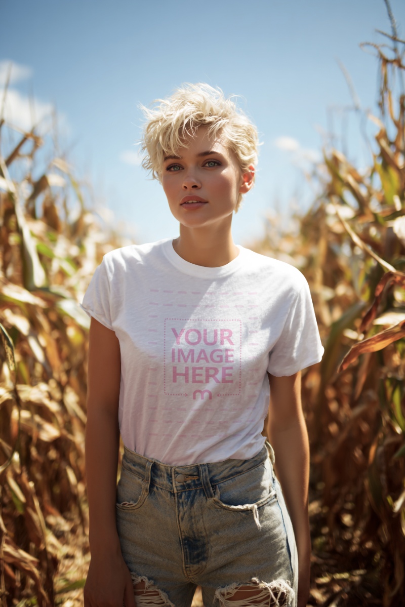 T-Shirt Mockup with Woman in Corn Field for Halloween Autumn Theme T-Shirt Mockup with Woman in Corn Field for Halloween Autumn Theme preview image