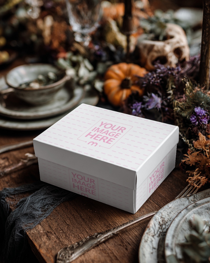 Rectangle Box Mockup on Table with Decor for Halloween Rustic Display Rectangle Box Mockup on Table with Decor for Halloween Rustic Display preview image