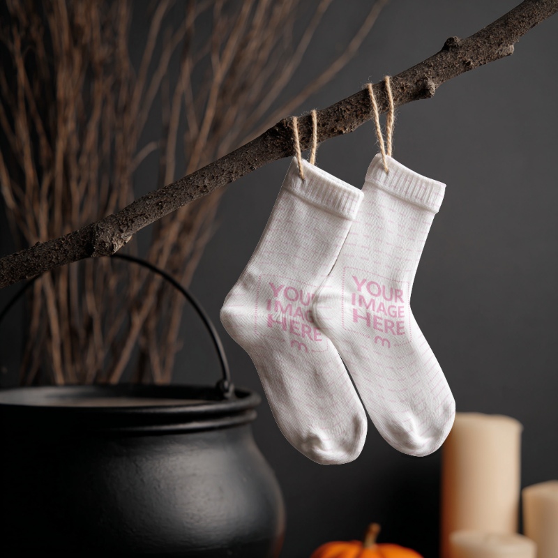 Socks Mockup with Orange Pot and Broomstick for Halloween Display Socks Mockup with Orange Pot and Broomstick for Halloween Display preview image