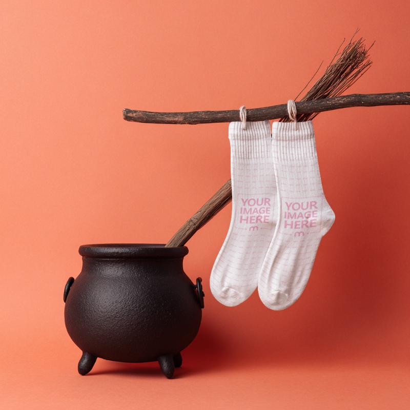 Socks Mockup with Black Pot and Broomstick for Halloween Inspired Look Socks Mockup with Black Pot and Broomstick for Halloween Inspired Look preview image