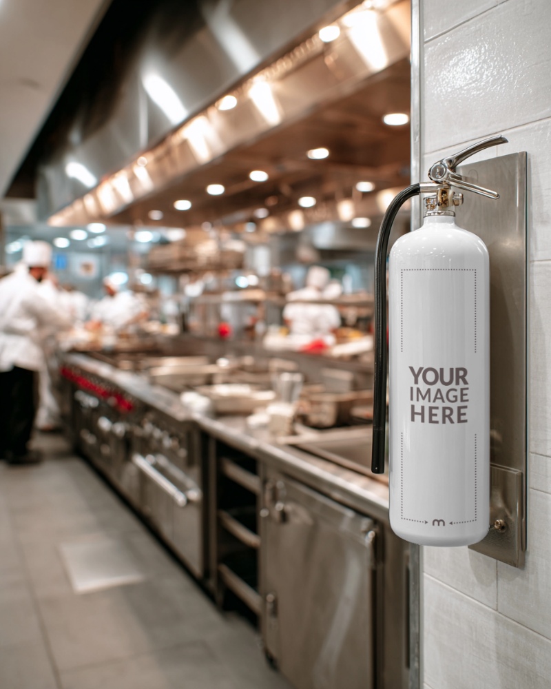 Fire Extinguisher Mockup in Commercial Kitchen Scene Fire Extinguisher Mockup in Commercial Kitchen Scene preview image