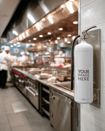 Fire Extinguisher Mockup in Commercial Kitchen Scene