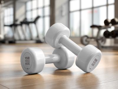 Dumbbell Mockup in Wooden Gym for Fitness Gym Branding
