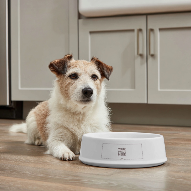 Pet Bowl Mockup in Front of Dog for Pet Food Brands Pet Bowl Mockup in Front of Dog for Pet Food Brands preview image