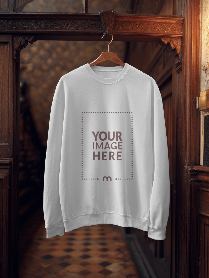 Sweatshirt Mockup Hanging in Vintage Interior Scene Sweatshirt Mockup Hanging in Vintage Interior Scene preview image