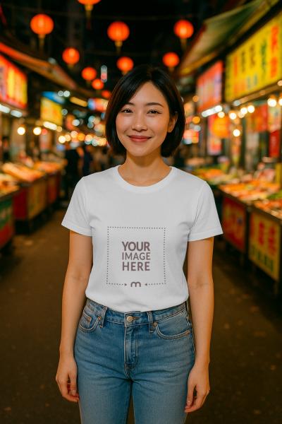 T-Shirt Mockup on Asian Model in Night Market Scene