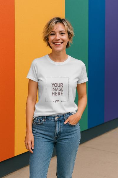 T-Shirt Mockup on Female Model by Colorful Wall Outdoors
