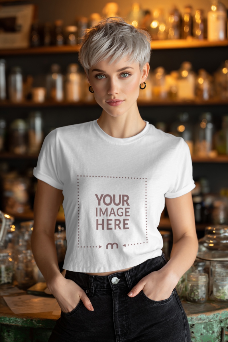 T-Shirt Mockup on Female Model Inside Restaurant Setting preview image