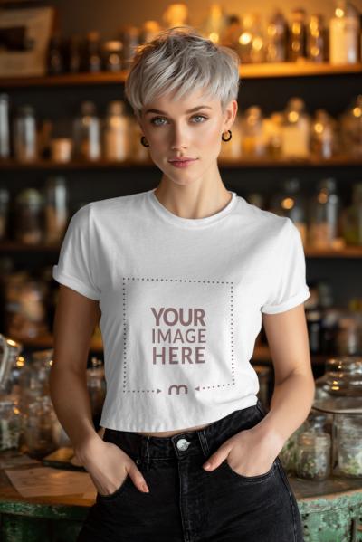 T-Shirt Mockup on Female Model Inside Restaurant Setting